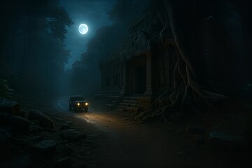 Moonlit jungle temple approach