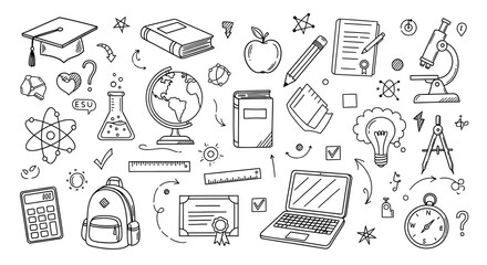 Detailed line art depicts diverse educational symbols, conveying a study and learning atmosphere