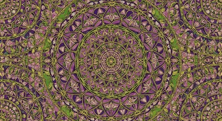 Detailed fractal illustration featuring concentric shapes and vibrant purple and green botanical