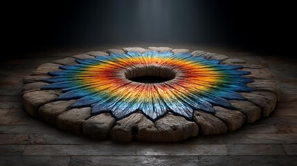 Light reflections through stained glass casting an eye-shaped projection on the floor, in symbolic colors of wisdom.