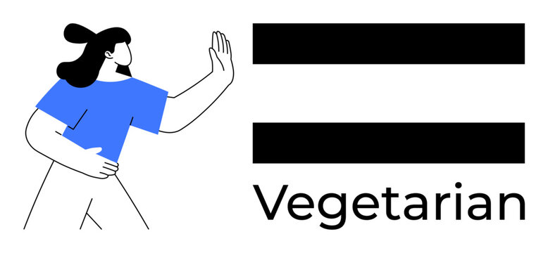 Female figure in blue top making a gesture beside bold equal signs and Vegetarian text. Ideal for lifestyle, health, food choice, equality, advocacy, branding, and awareness. Simple flat metaphor