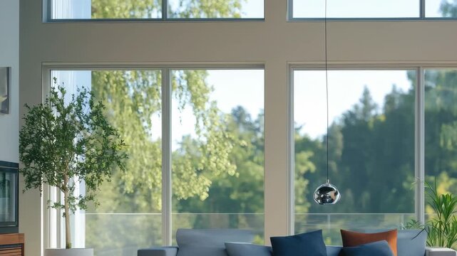 Bright and spacious living room features large windows overlooking greenery. A cozy sofa with colorful cushions complements a sleek coffee table, creating a welcoming atmosphere.