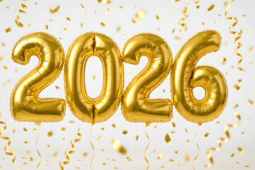 3D rendering of golden foil number balloons 2026 with falling confetti and streamers isolated on white background. Festive design for Happy New Year greeting card and party invitation