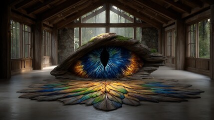 Light reflections through stained glass casting an eye-shaped projection on the floor, in symbolic colors of wisdom.