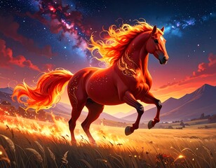 A fiery red horse gallops across a field under a starry night