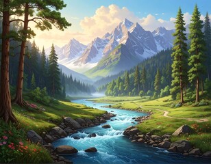 Majestic peaks and serene river: A landscape of natural beauty and peace