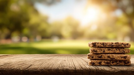 Promotional Scene Featuring Tasty Dog Snacks on a Rustic Platform in a Sunlit Park
