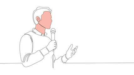 Businessman Presenting with Mic line art, One Line Style vector illustration.