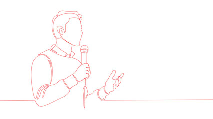 Businessman Presenting with Mic, line art, One Line Style vector illustration.