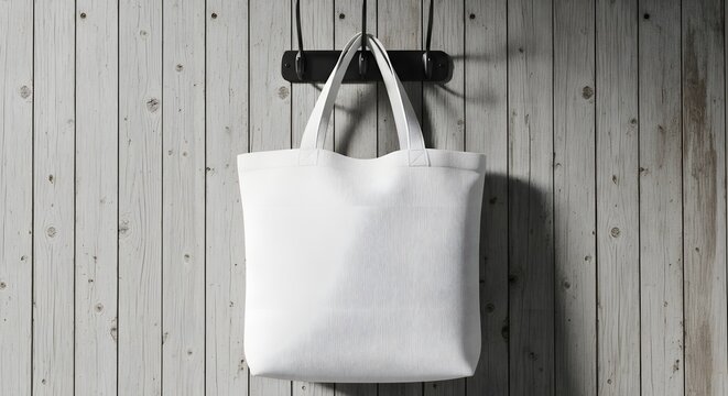Blank white canvas tote bag hanging on a dark hook against a rustic, weathered wooden plank wall, perfect for mockup or design template