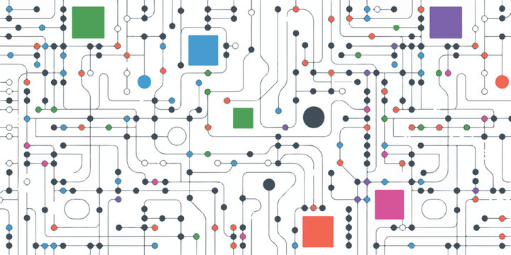 Abstract Network Connection Background With Colorful Circles And Squares Connected By Lines Forming Complex Communication Technology Concept