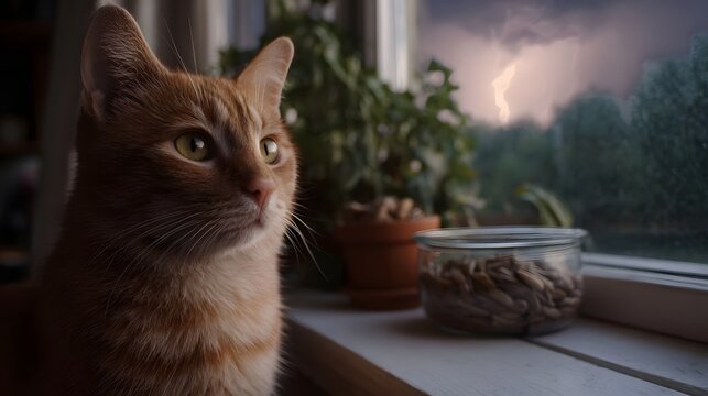 An orange cat sits by a window looking out at a distant lightning storm at dusk