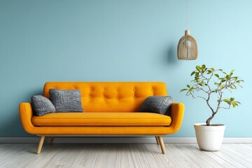 Orange sofa with pillows and a potted plant sits by a light blue wall.