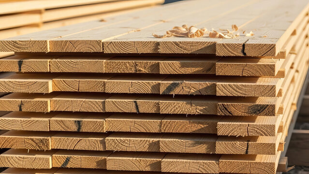 A stacked pile of freshly cut wooden planks showing their natural grain, with wood shavings scattered on top, illuminated by natural light