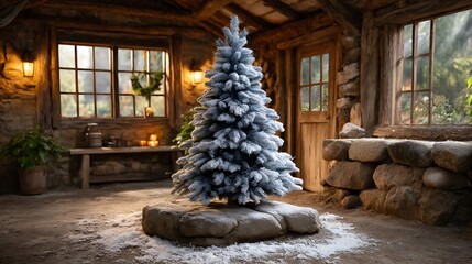 Magical Christmas corner with snow-dusted artificial tree, glittering ornaments and toy displays surrounded by cozy lighting.