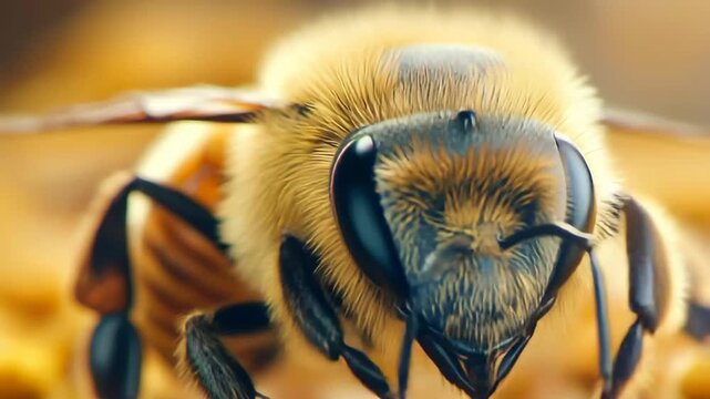 Close-up reveals a honey bee working diligently on honeycomb, collecting nectar in a sunlit garden. The warm glow of spring enhances the scene of nature&acirc;&euro;&trade;s hard worker.