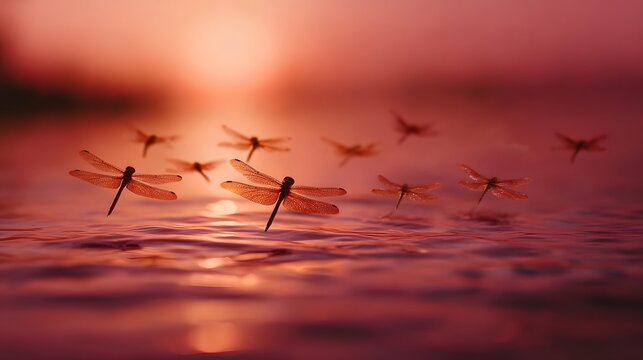 A swarm of dragonflies gracefully flies low over the water s surface at sunset bathed in warm golden light - Powered by Adobe