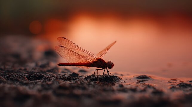 Close up of a red dragonfly resting on wet ground near water during a vibrant sunset