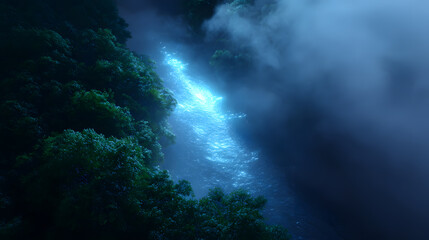Fototapeta premium Mystical Waterfall: A captivating view of a cascading waterfall flowing gently, enveloped by ethereal mist, creating a dreamlike landscape.
