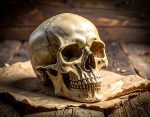Realistic human skull on parchment over a wooden surface