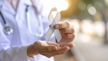 Doctor Holding Silver Awareness Ribbon Medical Support