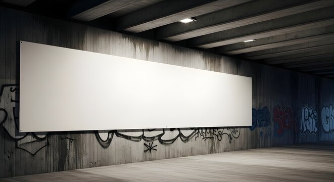 Blank white billboard mockup with copy space mounted on a gritty concrete wall under an overpass with graffiti tags in a dark urban setting - Powered by Adobe