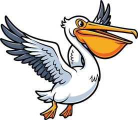 Obraz premium Flying Cartoon Pelican with Orange Beak Vector