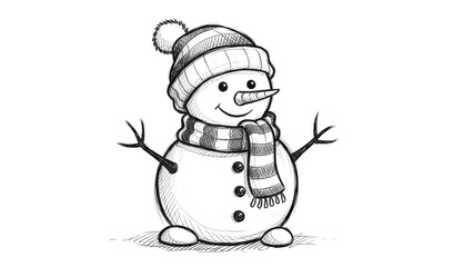 Chalk Style Snowman Sketch With Hat And Scarf On Black Background