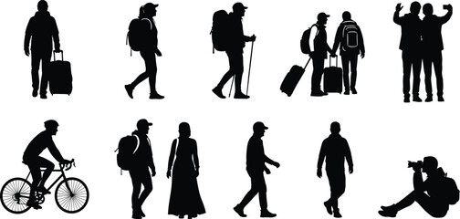Backpackers, Cyclists, Hikers, and Photographers with Luggage Vector Icons