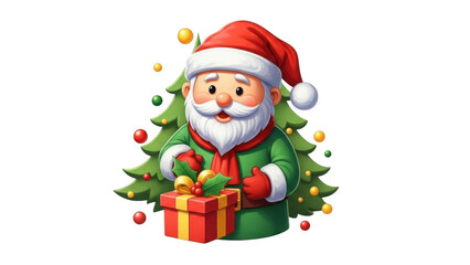 Cheerful Cartoon Santa Claus Holding Christmas Gift With Tree