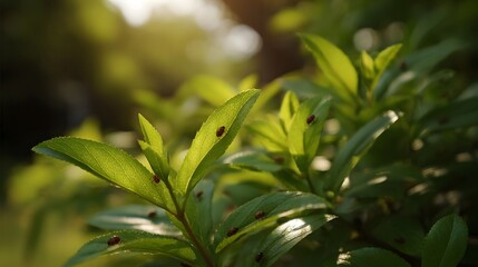 Obraz premium Numerous small red insects rest on vibrant green leaves bathed in the soft glow of sunlight filtering through dense foliage
