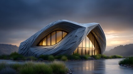 Modern architectural structure with window shapes arranged like twin eyes, reflecting the city lights around dusk.