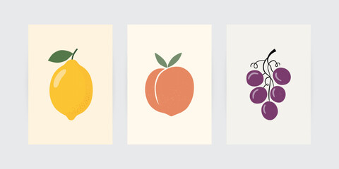 Minimalist Fruit Set Illustration of Lemon, Peach, and Grapes with Grain Texture