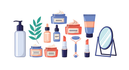 Collection of beauty and skincare products arranged for an advertisement or illustration.