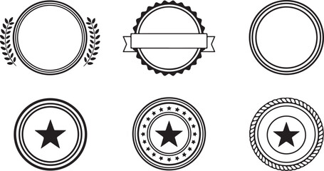 Collection of six black and white circular badge designs isolated on, perfect for logos, seals, or decorative elements