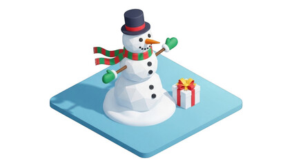 Festive 3d Isometric Snowman With Gift Box On Blue Platform
