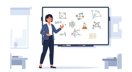 Teacher explaining math equations on whiteboard