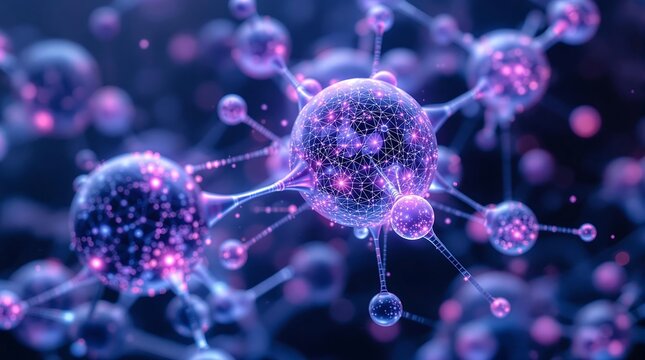 A close up view of interconnected purple and blue spheres representing a complex network structure - Powered by Adobe