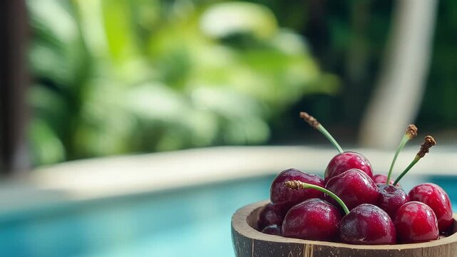 A bowl filled with bright red cherries sits on a wooden table next to a sparkling pool, surrounded by lush tropical greenery on a sunny afternoon.