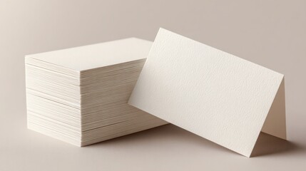 Stack of blank cream-colored business cards on a soft background.