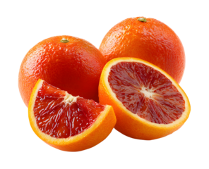 Fresh oranges displayed with a cut portion showcasing the vibrant red interior