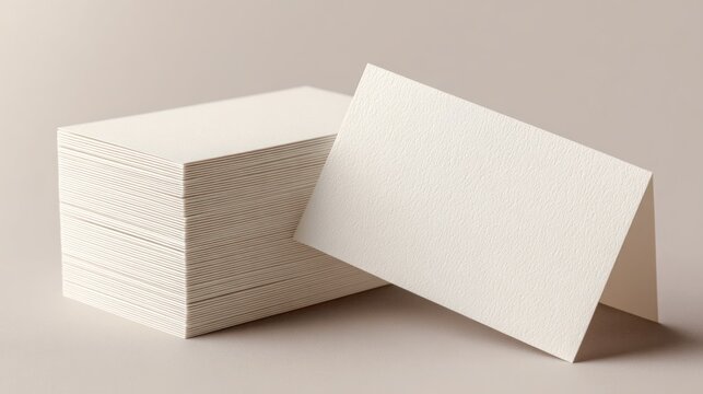Stack of blank cream-colored business cards on a soft background.
