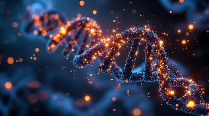 Illuminated dna strand with glowing particles on a dark blue background in a close up detailed view