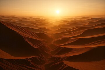 Soft sunrise over rolling crimson dunes