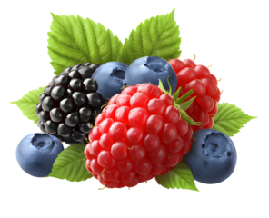 A vibrant cluster of raspberries blueberries and blackberries on a dark background