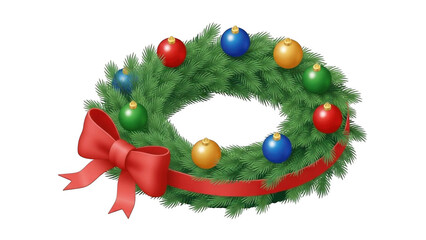 Festive Christmas Wreath With Colorful Ornaments And Red Bow