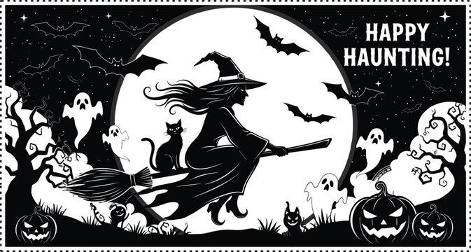 WebBlack Silhouette Halloween Banner Vector with Witch Flying on Broomstick, Black Cat, Full Moon, Bats, Ghosts, and Scary Jack O'Lantern Pumpkins.