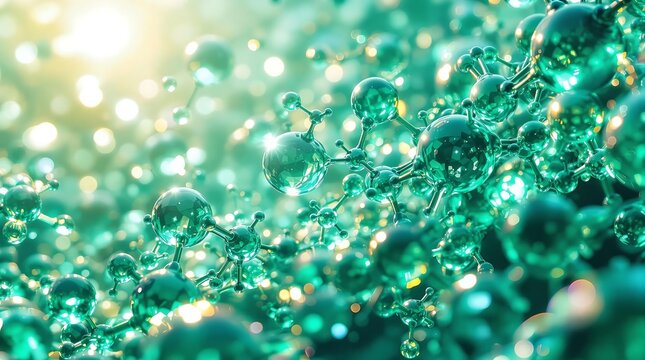 Close up view of many green molecular structures with a bright light source in the background