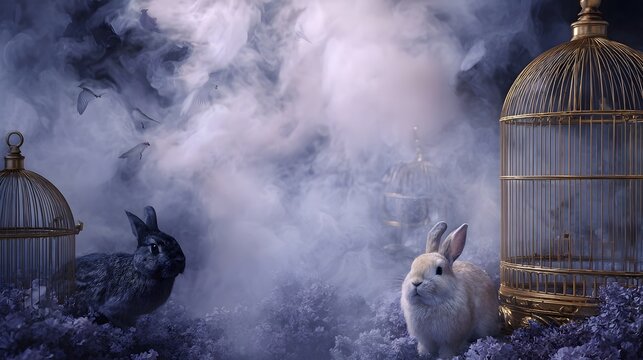 Two rabbits near ornate golden bird cages in a misty twilight garden