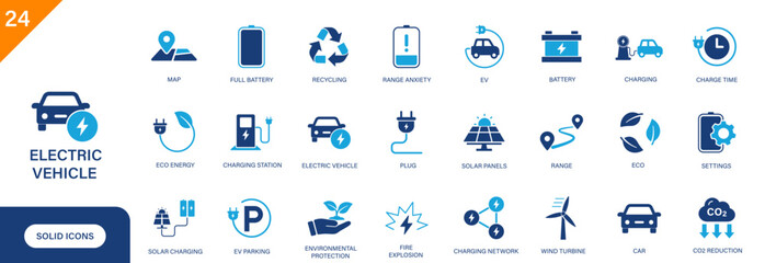 Electric vehicle icon. Including EV parking, charging station, green vehicles, green energy, sustainability. Solid vector icon set.